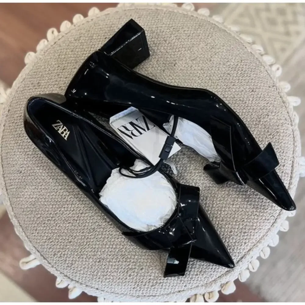 ZARA Black Patent Bow Pumps Pointed Toe Block Heel Office Shoes NWT 6.5